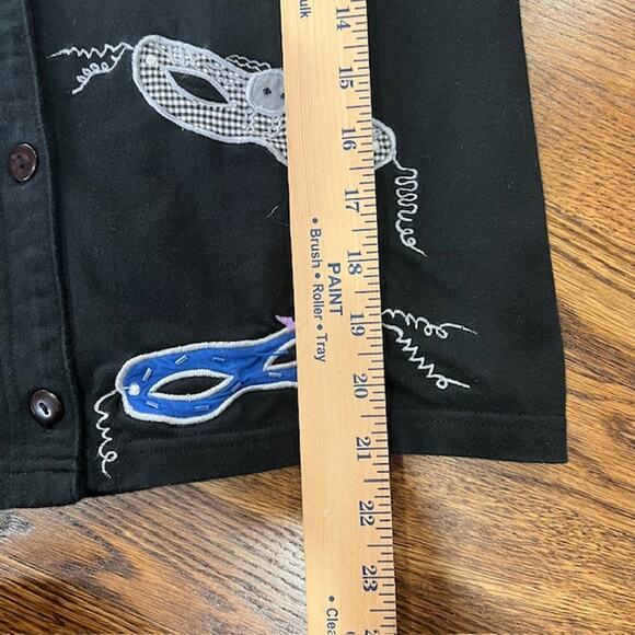 Michael Simon Lite Button Up Sweater Womens S Black Masquerade Mask Art to Wear - Picture 5 of 8